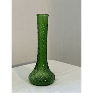 Vintage Emerald Green Cut Glass 9" Tall Bud Vase Quilted Diamond Pattern